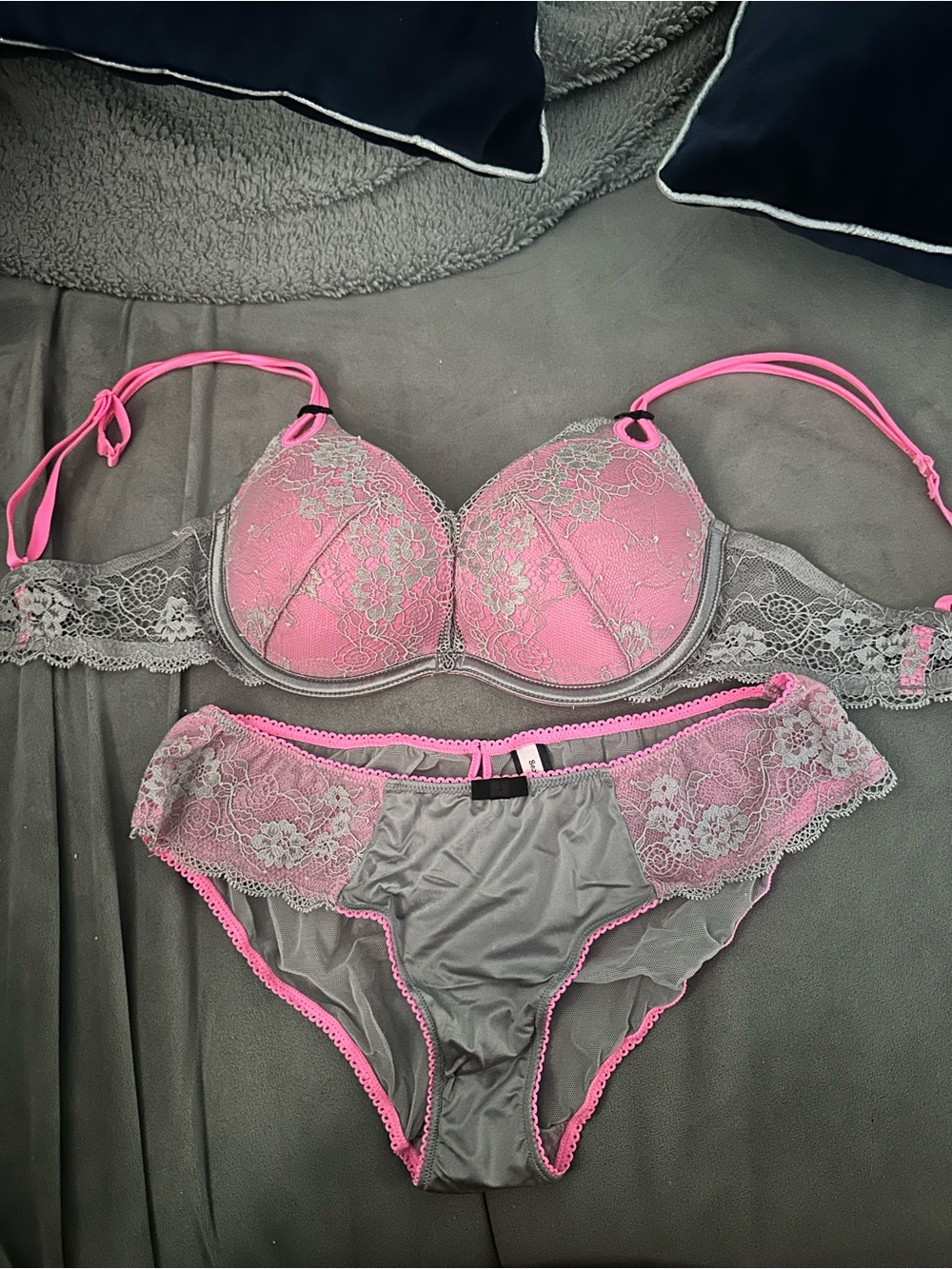 Victoria's Secret Pink and Gray Lace Push-Up Bra & Bikini Set